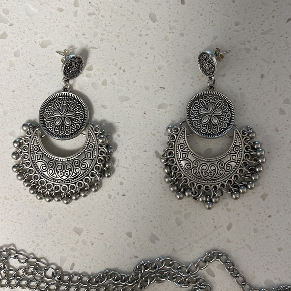 Silver Boho Statement Coin Earrings & Necklace set - Picture 2 of 3